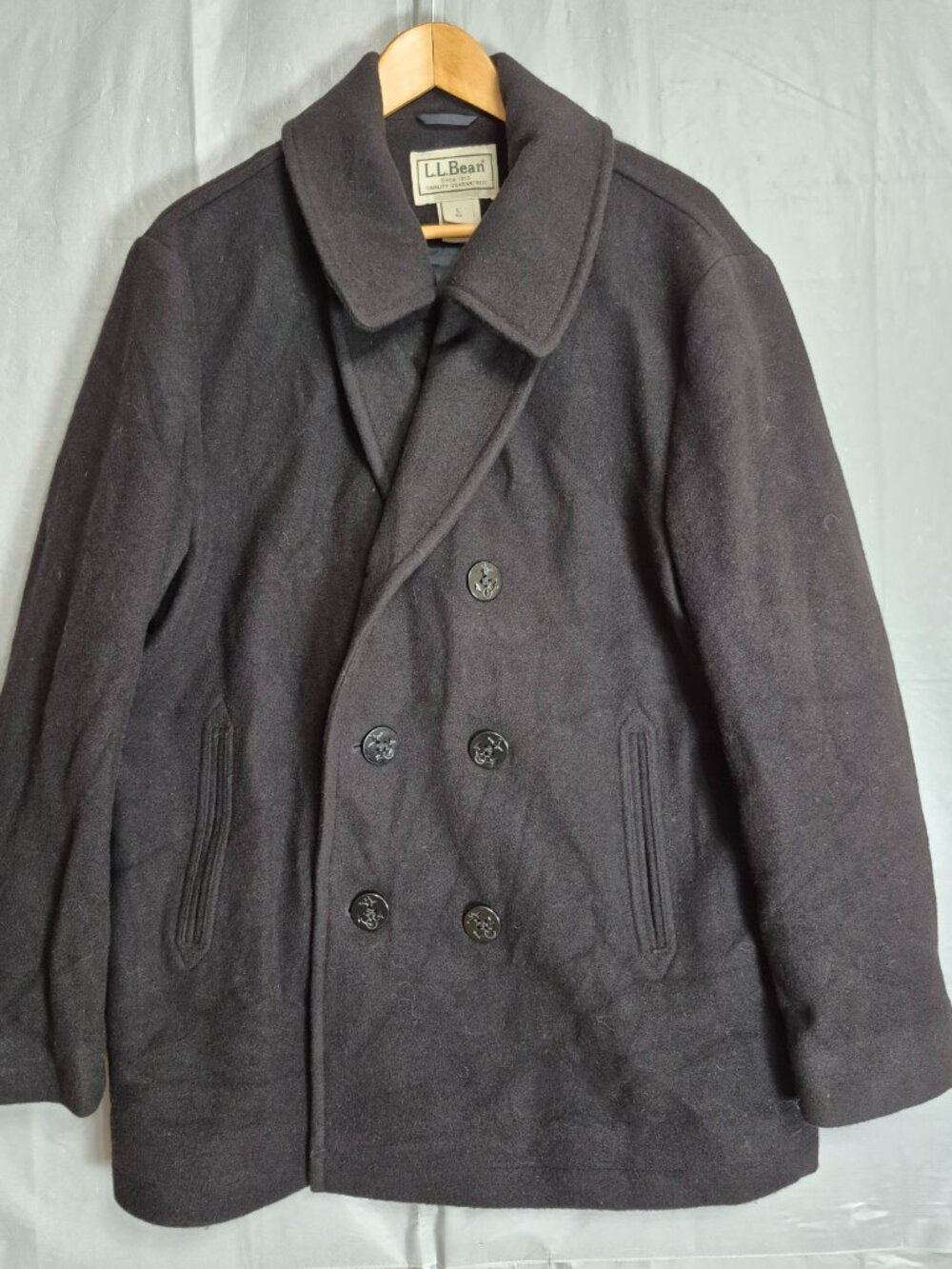 L.L.Bean Men’s Black Wool Pea Coat L Regular Item Number 500027 Large Anchor